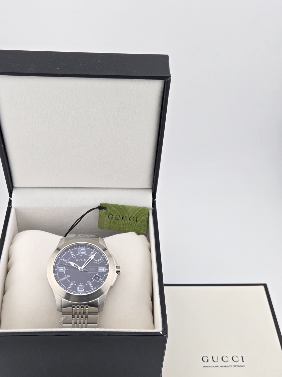 $825 MSRP | Gucci G-Timeless Men’s Black Dial Stainless Steel Watch – YA126201
