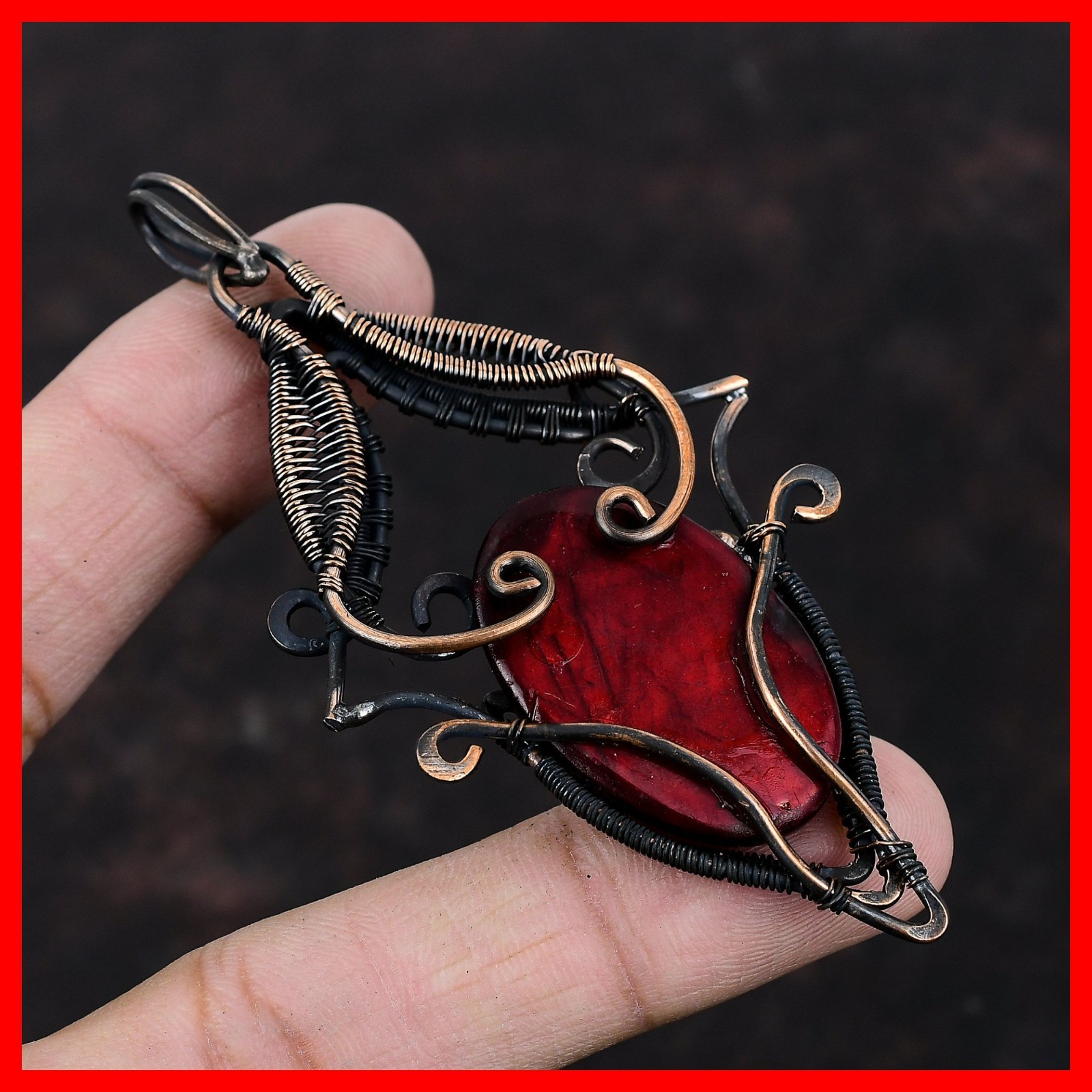 Third Eye Chakra Red Fire Labradorite Stone Copper Wire Wrapped Pendant Jewelry