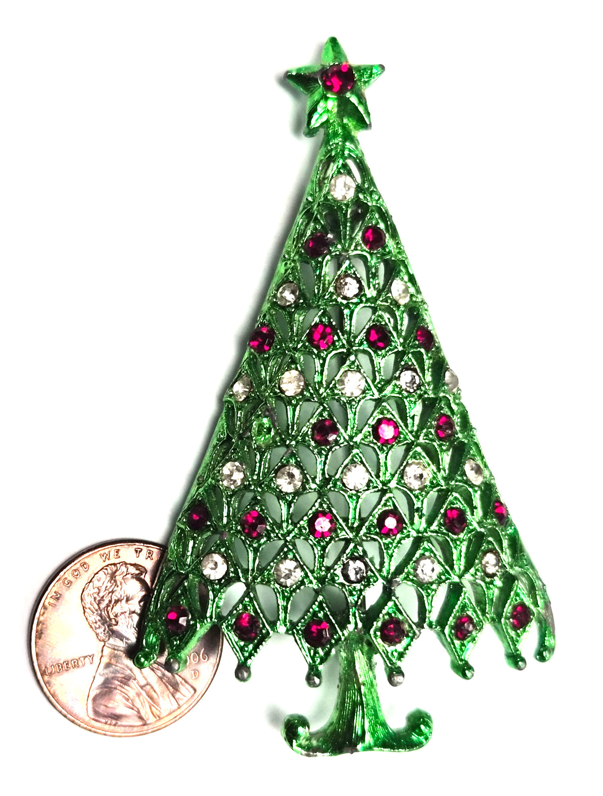 Vintage 70’s Signed MYLU Green Enamel & Rhinestone Christmas Tree Pin / Brooch