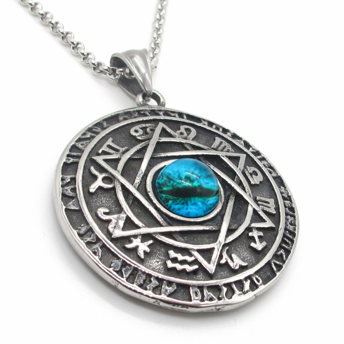 MENDEL Stainless Steel Evil Eye 6 Point Star Hexagram Occult Necklace Pendant