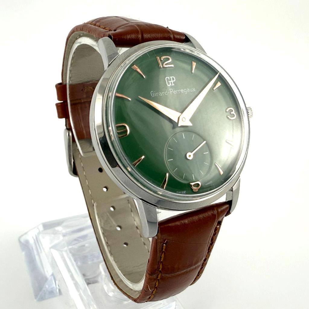 LARGE VINTAGE GIRARD PERREGAUX MANUAL WIND STEEL GENTS WATCH NICE GREEN DIAL