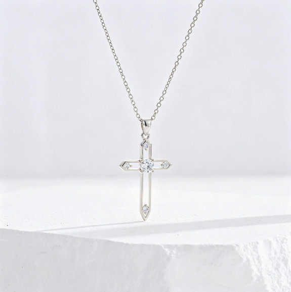 Gold Hollow Cross Pendant Necklace with Clear Cubic Zirconia for Women Religious