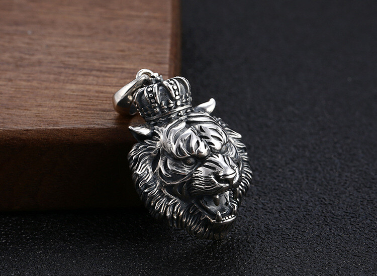 1PC S925 Silver CROWNED TIGER KING Pendant Roaring Gothic Biker Mens 15g STAMPED