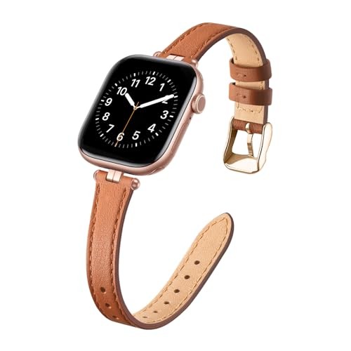 Thin Leather Band Compatible 38mm 40mm 41mm 42mm(Series 11 10) Brown/Rose Gold