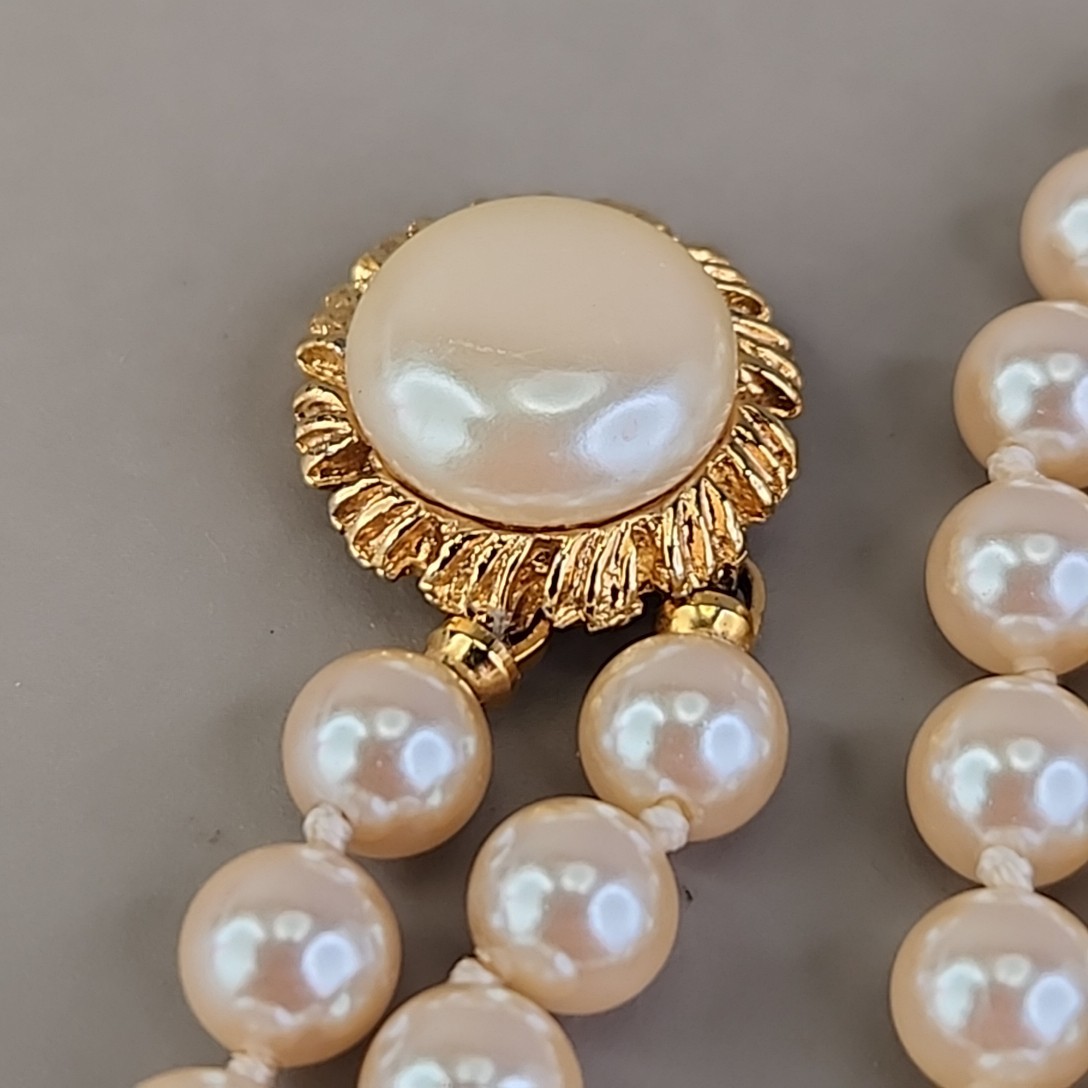 Vintage Faux Pearl Beaded Bracelet Two Strand Cream Knotted Push Lock 7″