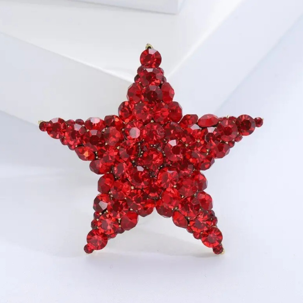 RED CRYSTAL RHINESTONE GOLD STAR PIN BROOCH PENDANT~CHRISTMAS HOLIDAY GIFT