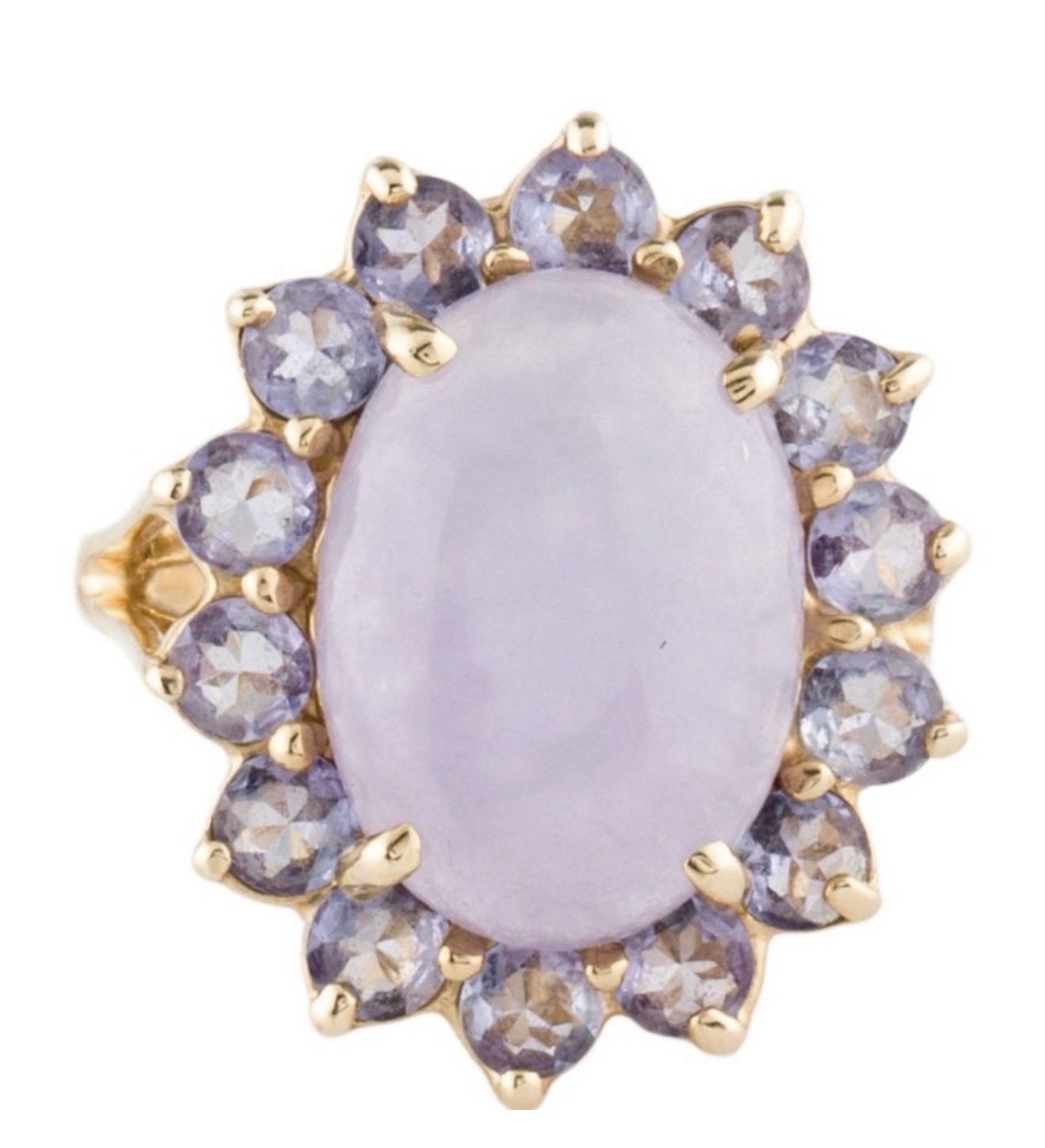 14K Gold 5.59ct Center Purple Jade & 1.12 CTTW Tanzanite Gemstone Ring size 5.5