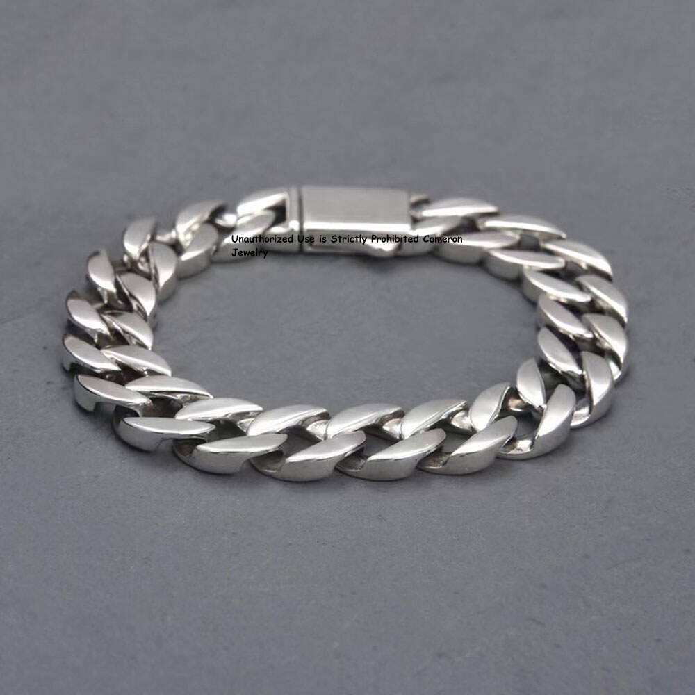 Pure S925 Sterling Silver Chain 13mm Cuban Curb Link Bracelet 7.1-8.7inch