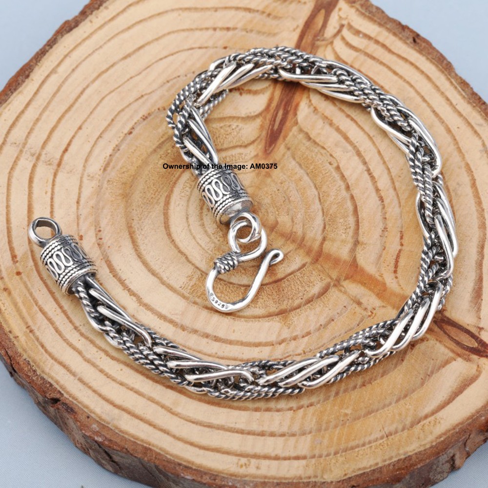 Pure 925 Silver Braided Wheat Link Chain Bracelet for Men/Women Vintage Look