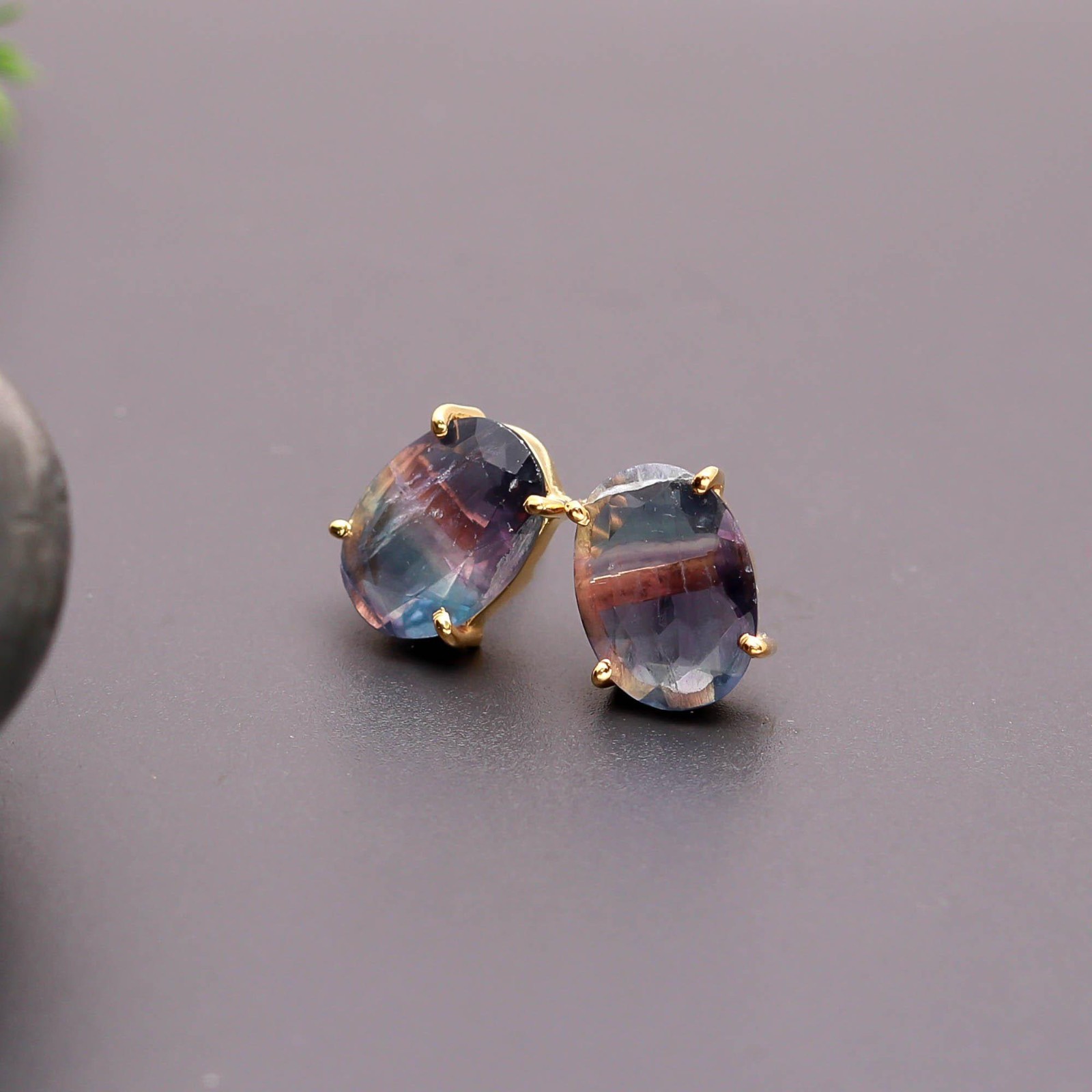 Natural Fluorite Oval Stud Earrings Gold Plated Solid Silver Designer Jewelry