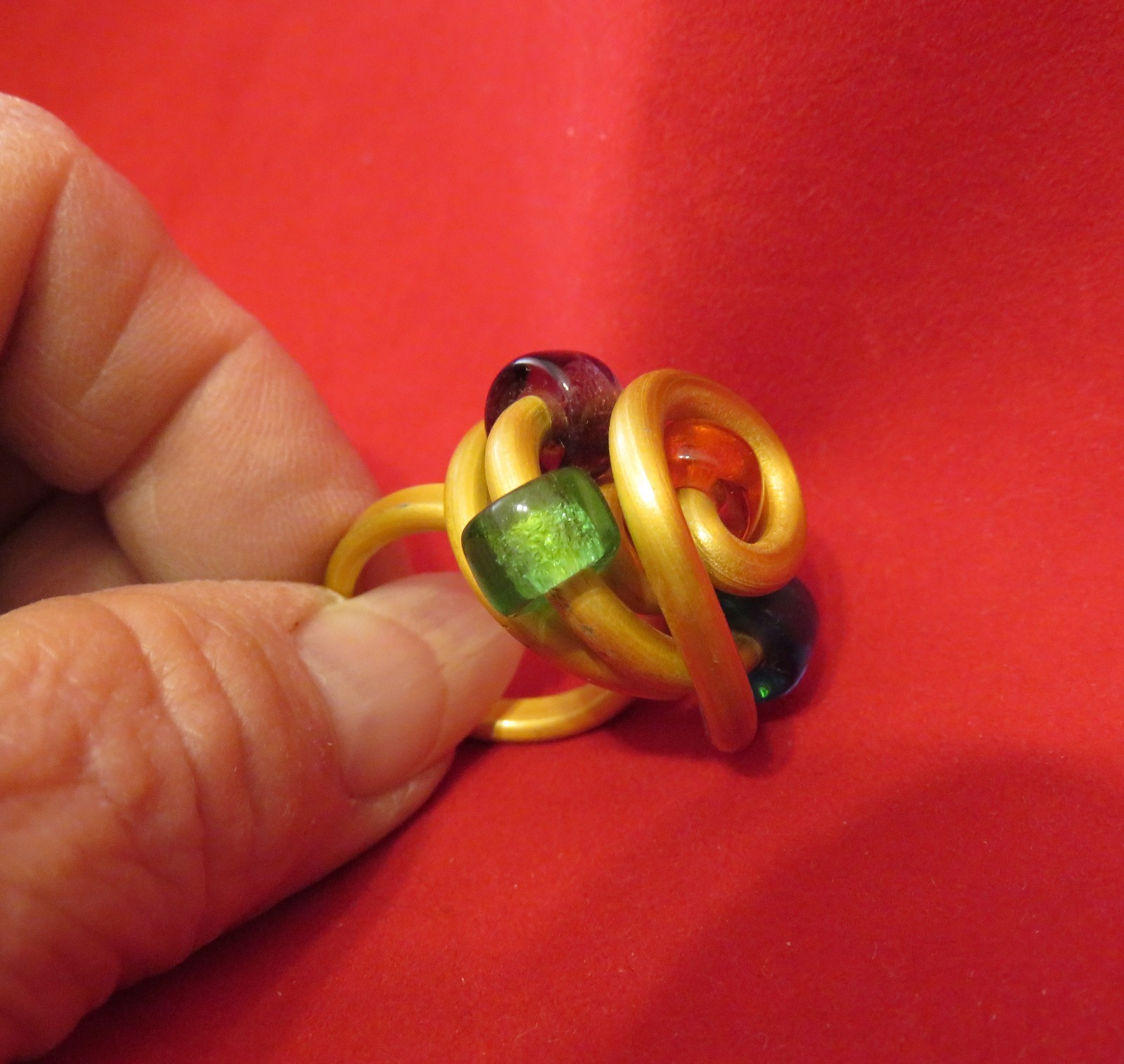 Fun Ring Golden Color Coated Thick Wire Sz. 7 w 5 Colorful Beads (1187)