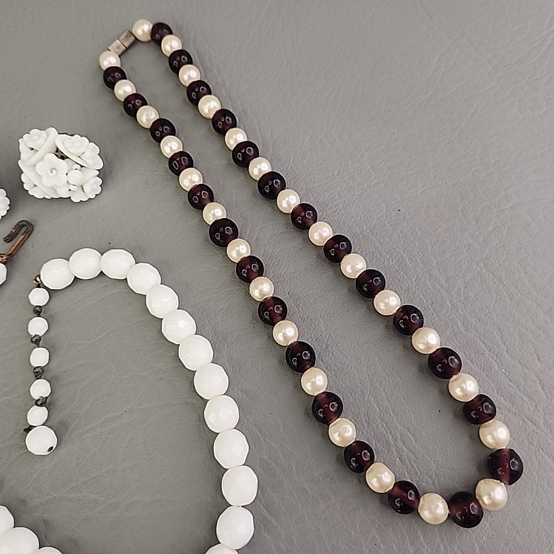 Vintage Beaded Necklace Screw Back Earrings Lot of 4 Glass Black White