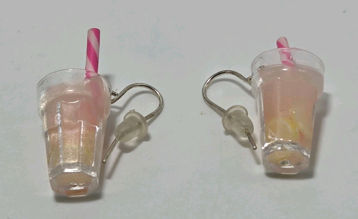 Mini Pink Drink W/Straw In Glass Earrings Hook Dangle Restaurant Bar Tender