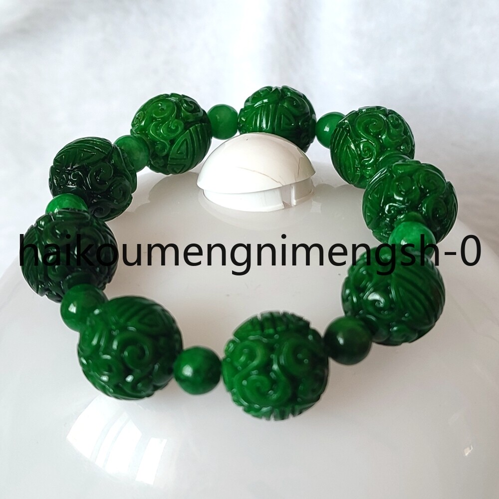 16mm Natural Green Burma Jade jadeite Carved RUYI Round Beads Bracelet 7.5″