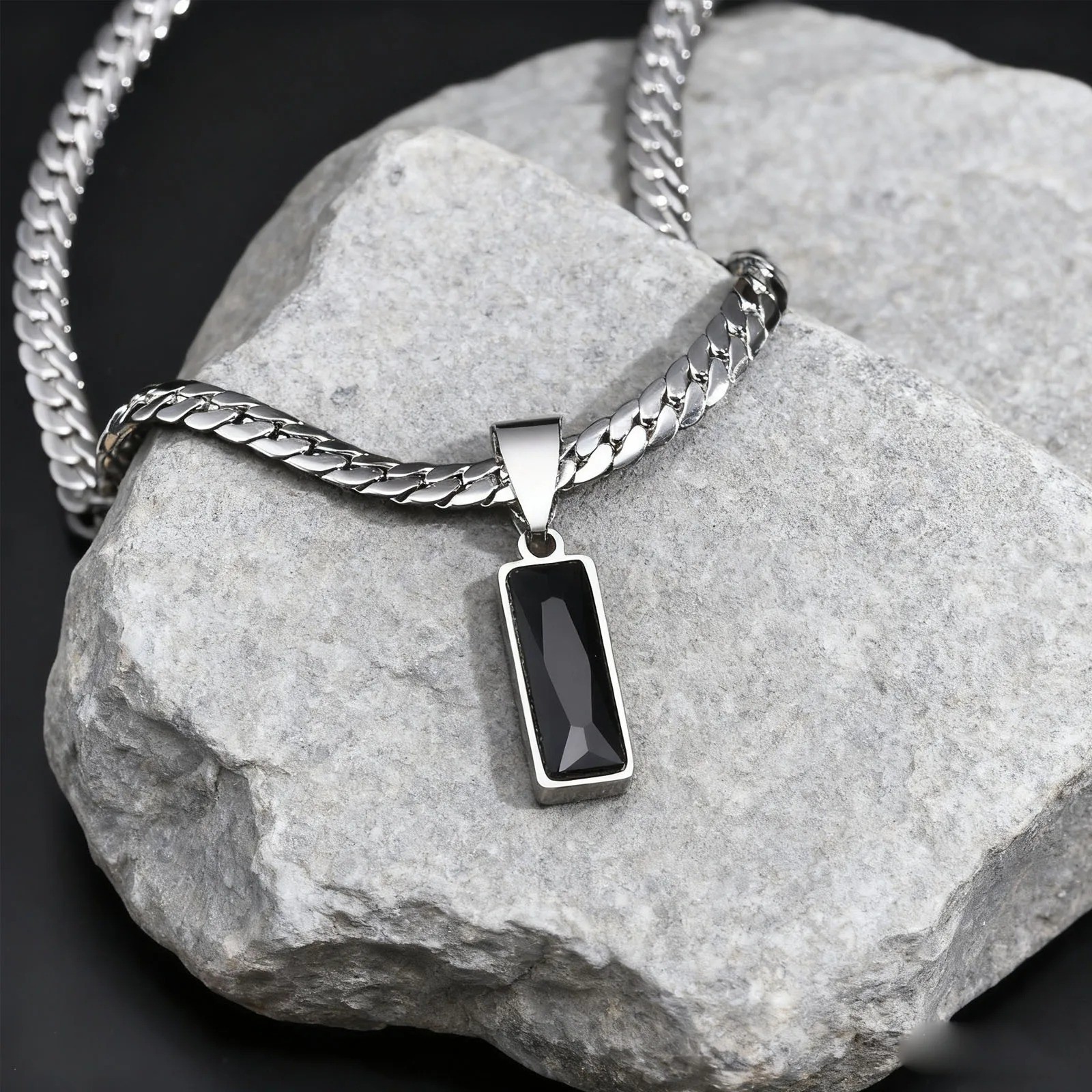 Mens Geometric Stone Pendant Necklace Stainless Steel Cuban Chain Hip Hop Gift