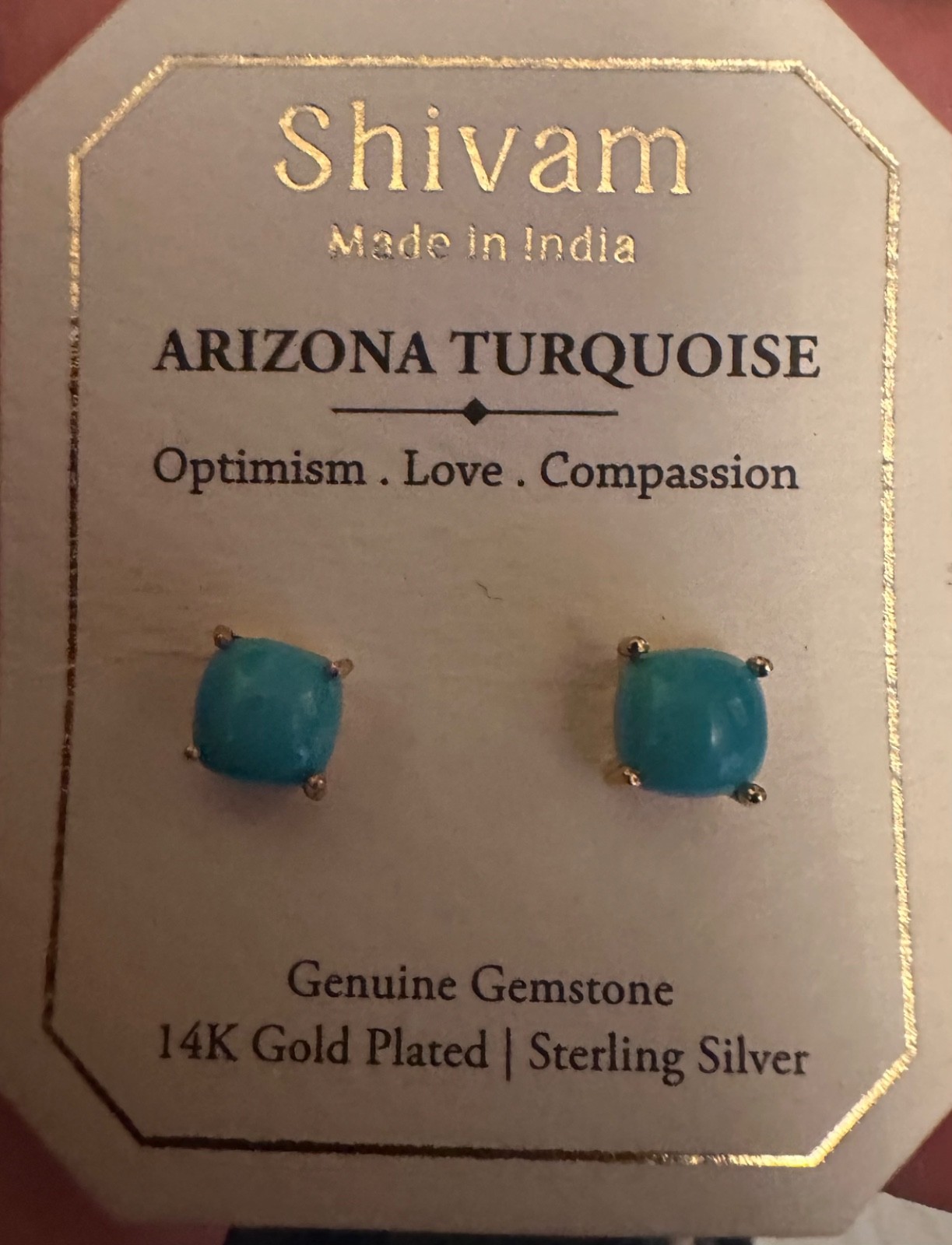 Shivam 14K Gold/Sterling Silver Blue Genuine Arizona Turquoise Stud Earrings~New