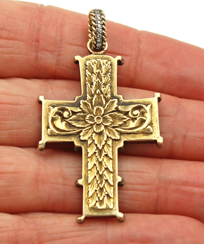 18K Yellow Gold & 34 Diamond Enameled Cross Pendant 9.9 Grams 1 7/8″