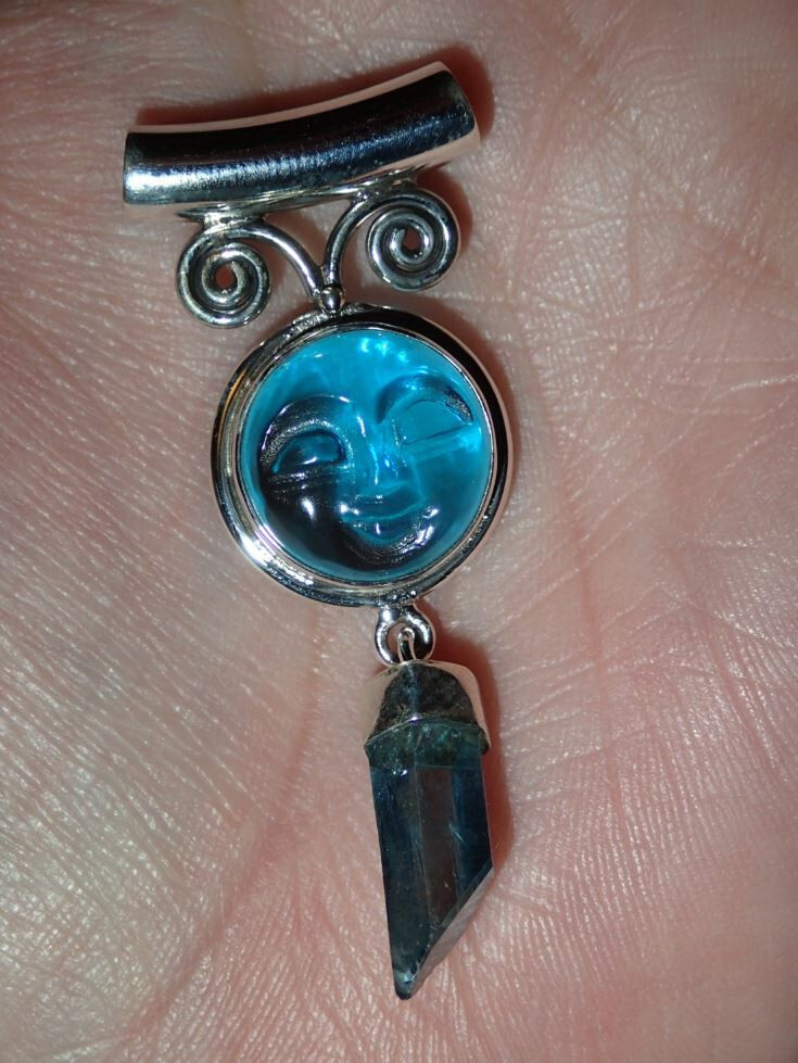 Blue Moon Face Quartz & Aqua Aura Quartz Sterling Silver Pendant