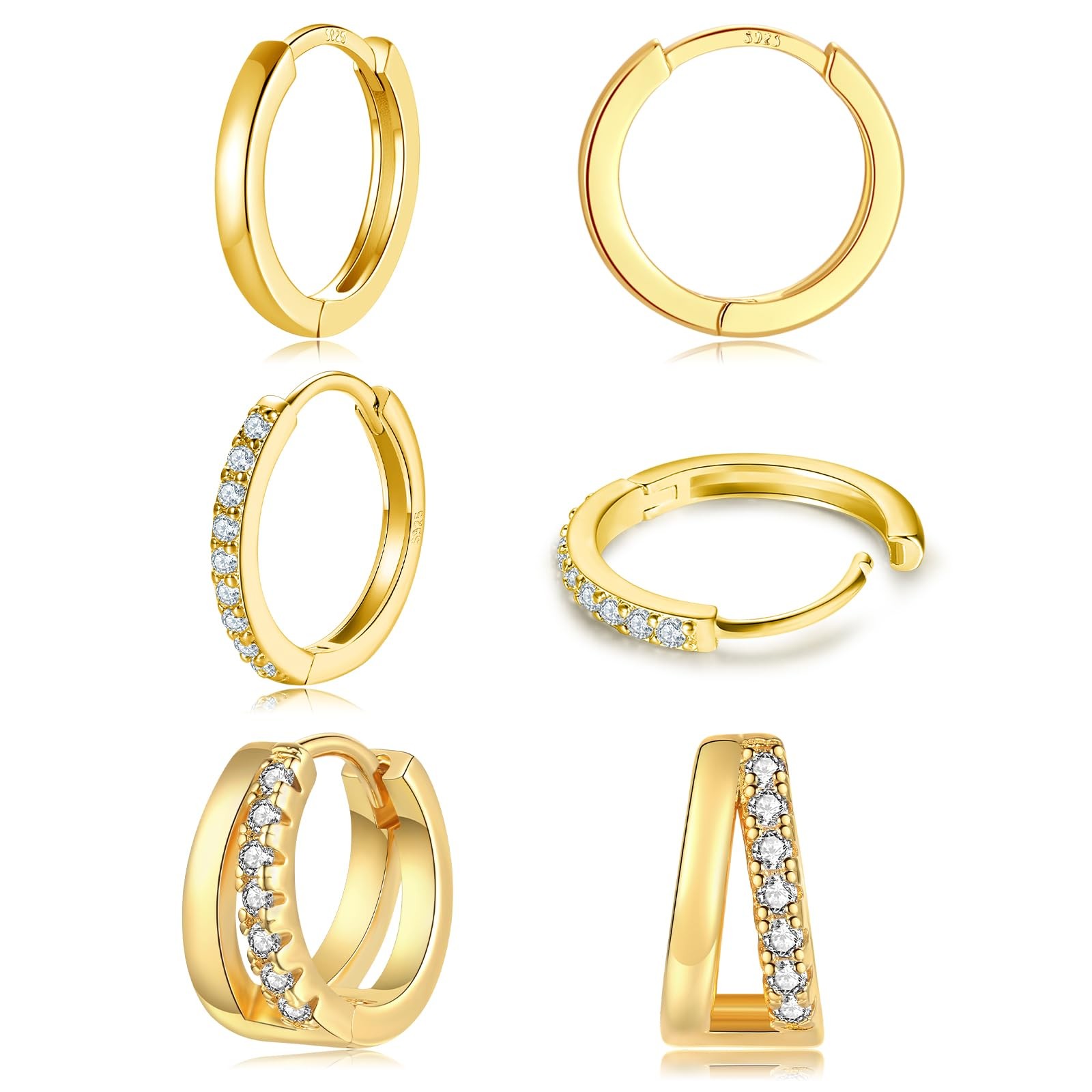 3 Pairs Small Gold Huggie Hoop Earrings Set, 14K Gold Plated Hypoallergenic Dain