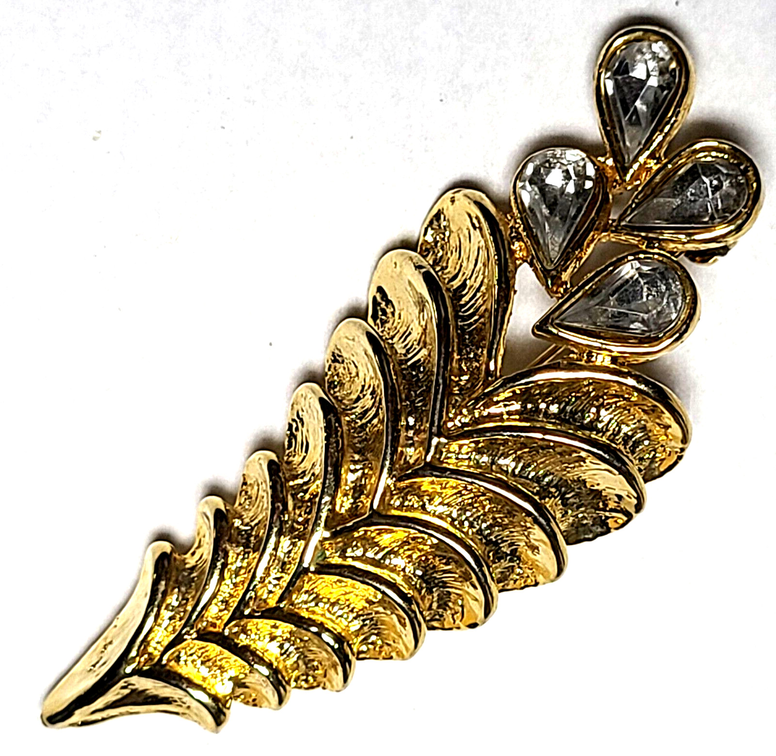 VINTAGE STUNNING GOLD TONE CLEAR GLASS FLORAL PIN BROOCH