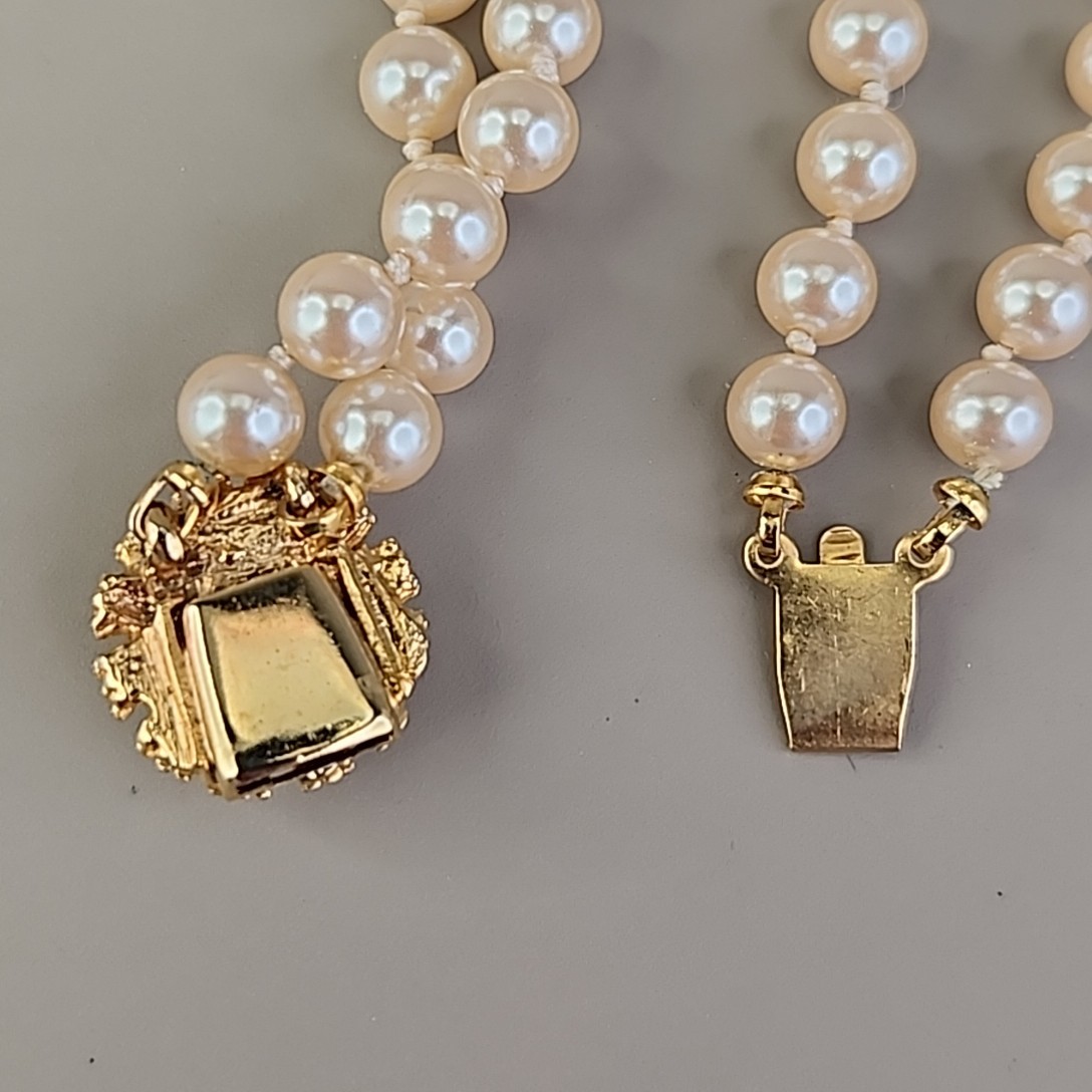 Vintage Faux Pearl Beaded Bracelet Two Strand Cream Knotted Push Lock 7″