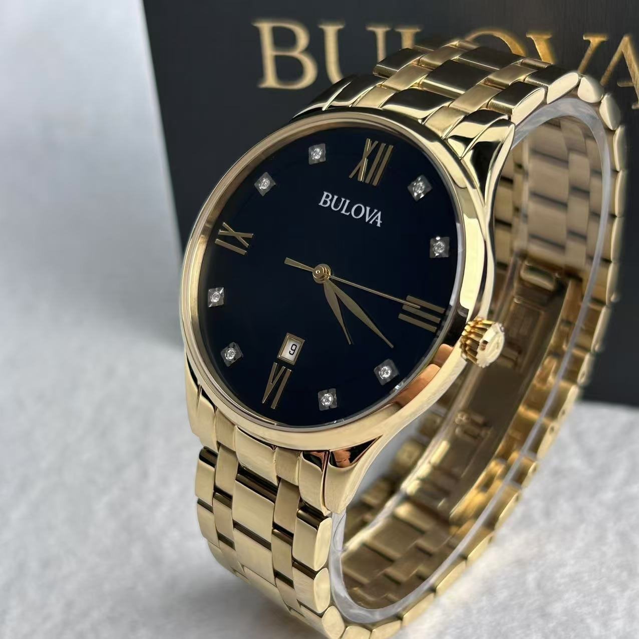 Bulova 97D108 Diamond Black Dial Gold Bracelet Classic Men’s Quartz Watch 40mm