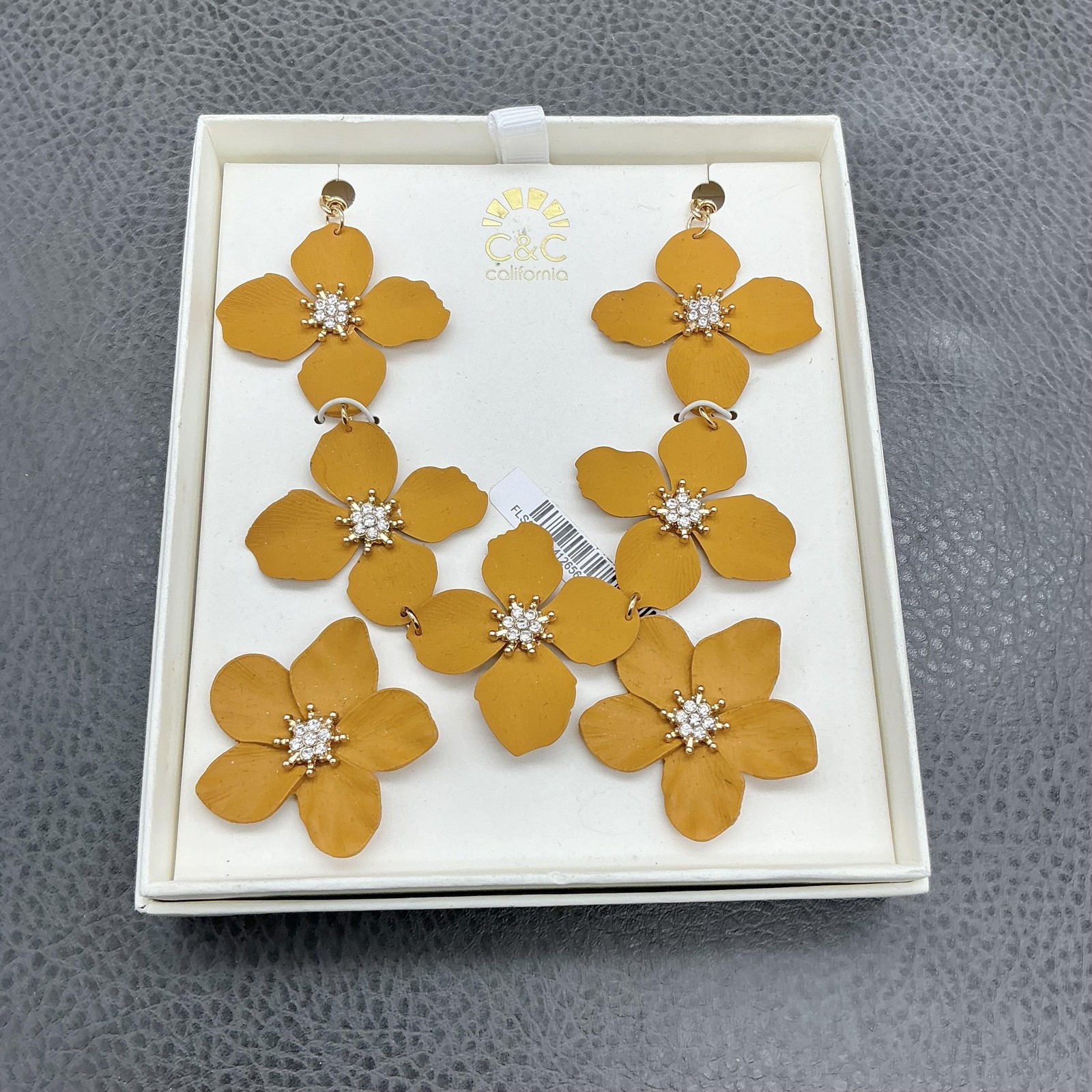 C&C California Necklace Earrings Flower Dangle Stud Mustard Yellow Rhinestone
