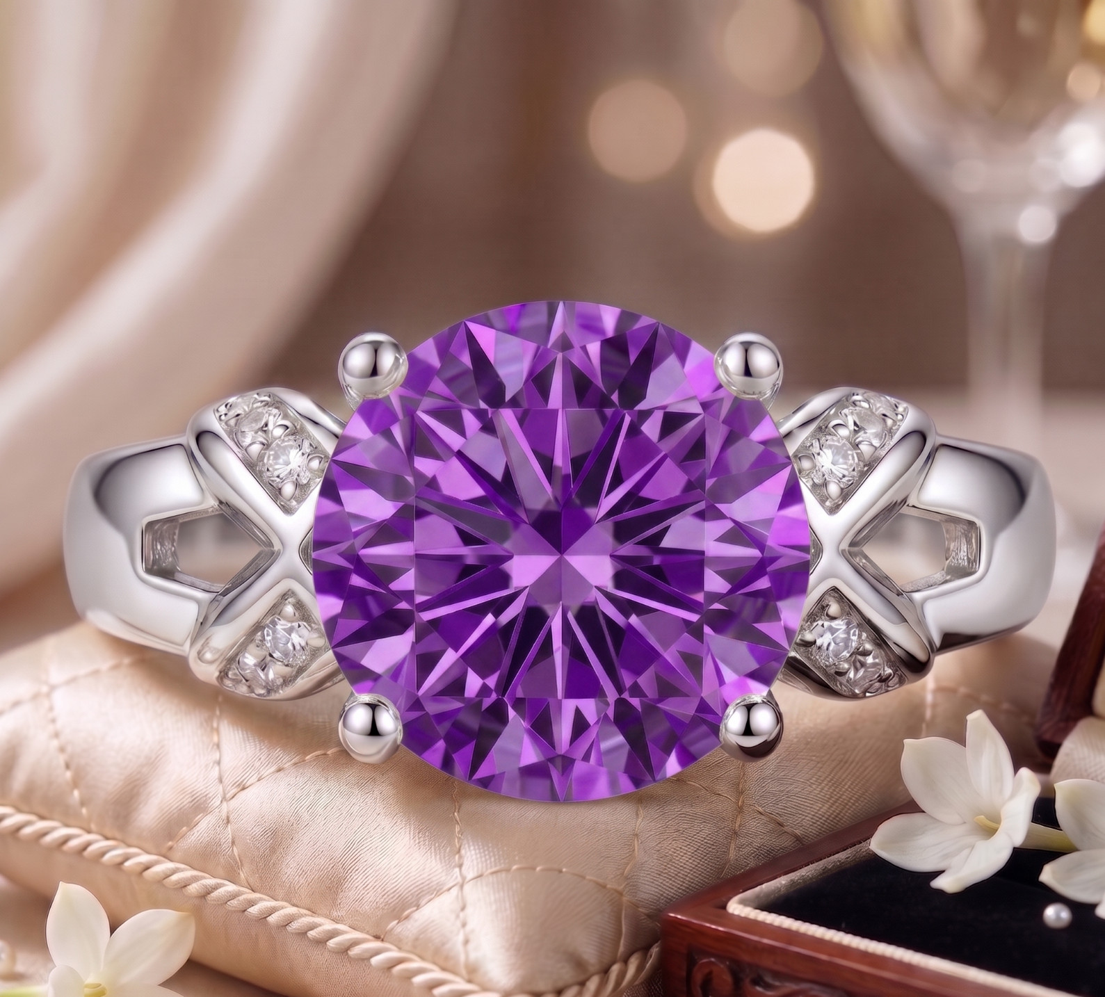 RARE 6.00 Ct Certified Round Shape Purple Natural Diamond Ring White Gold Finish