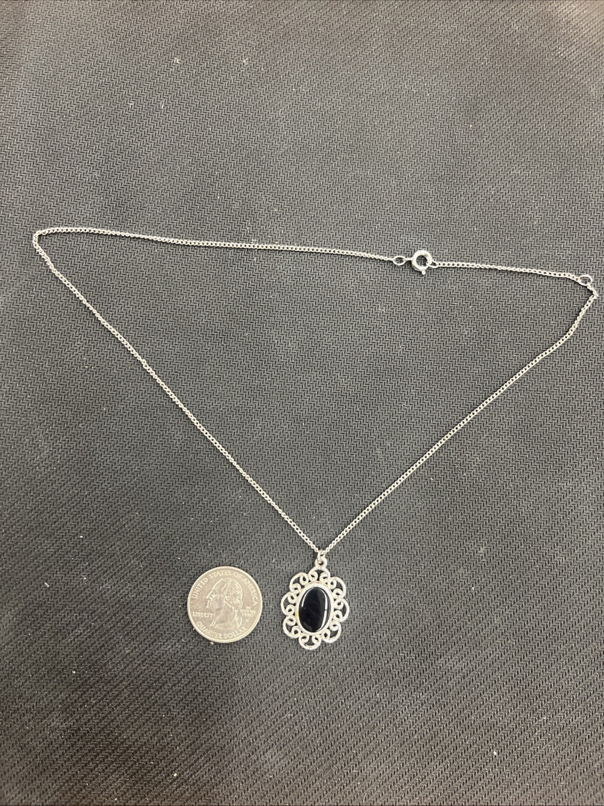 Silver Colored Necklace With Black Pendant 18 Inch Vintage NOS