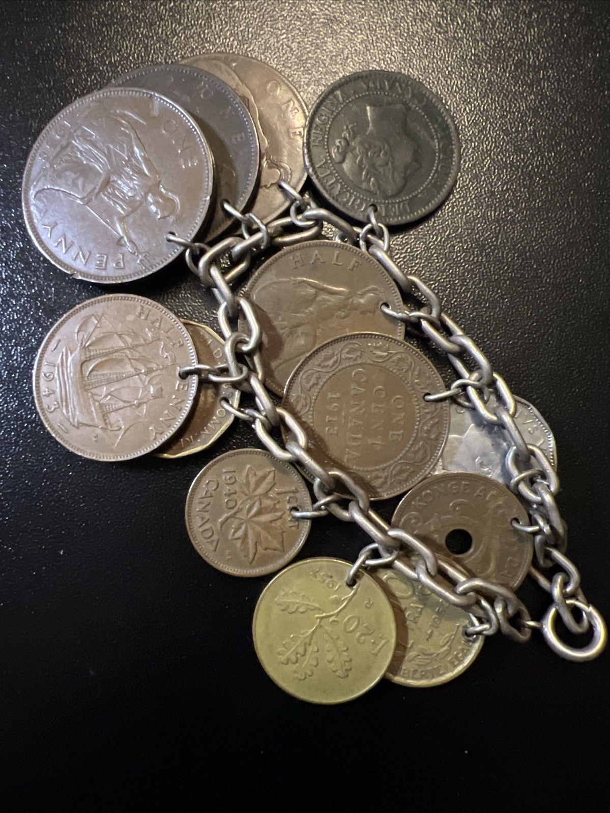 Vintage 835 Continental Silver Coin Charm Bracelet Travel World Coins European
