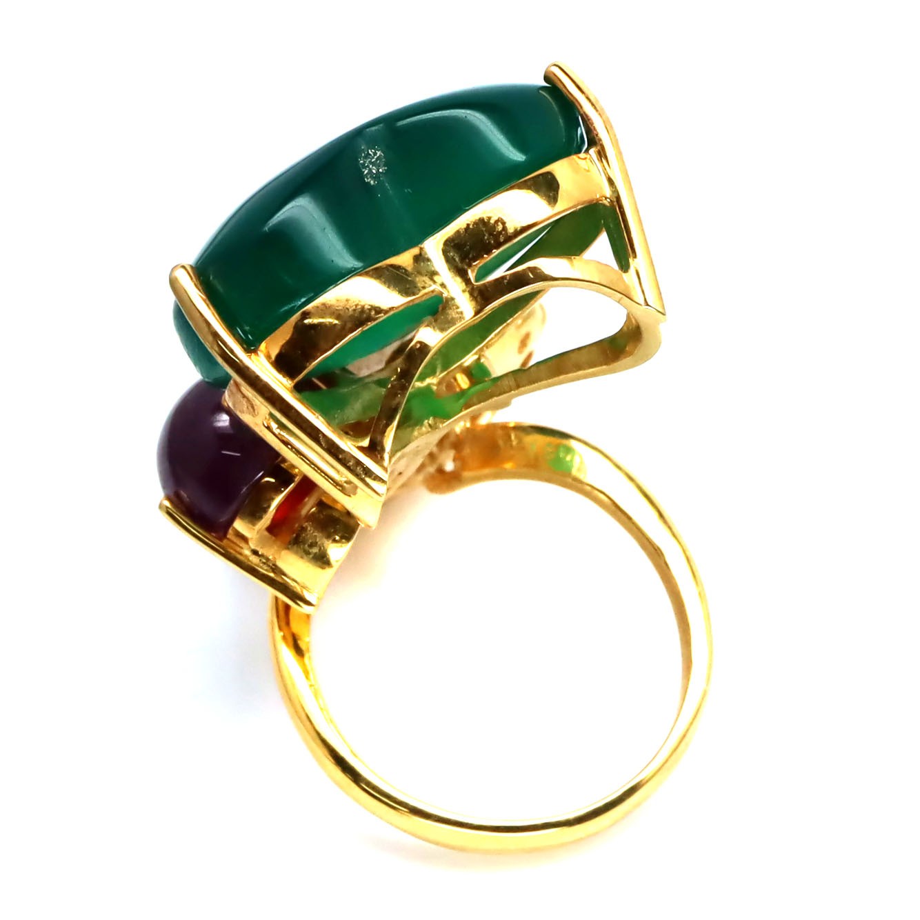 925 Silver 19 x 22 MM. Green Agate (40.55 ct.) Quartz Ruby Pearl Jewelry Ring