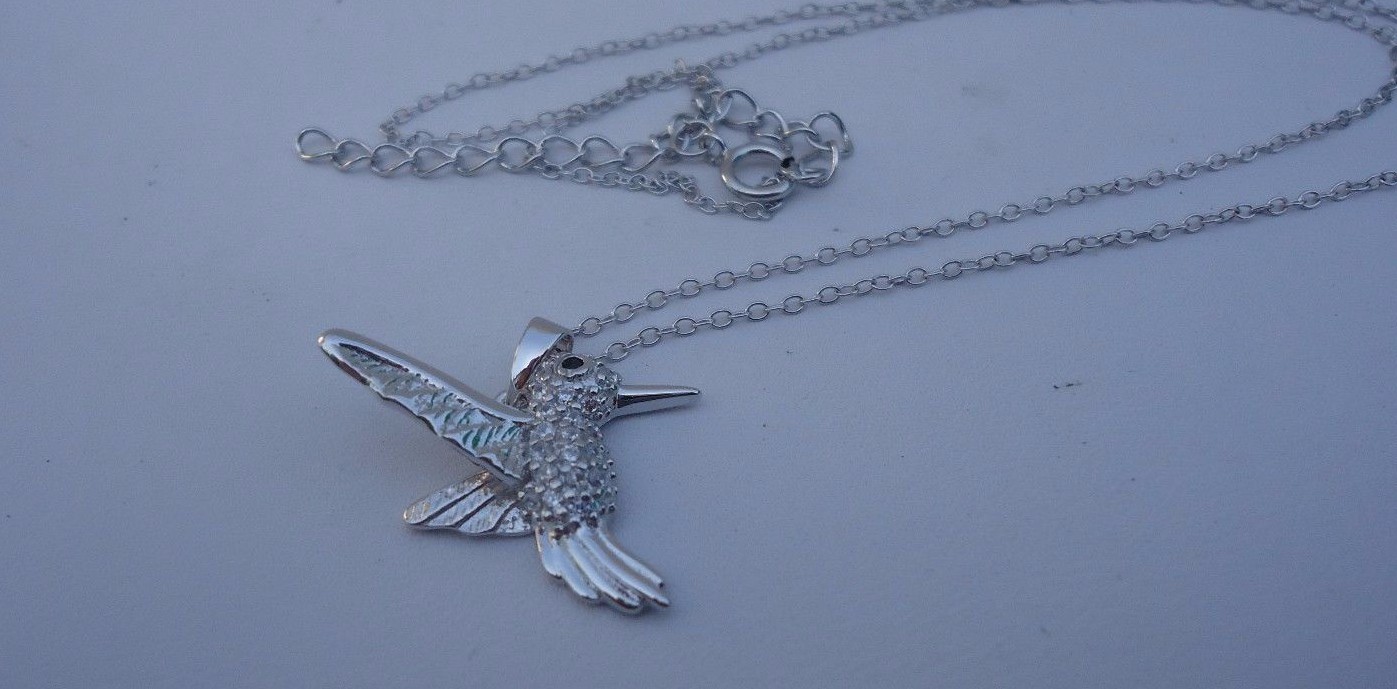 925 STERLING SILVER DESIGNERS HUMMING BIRD PENDANT NECKLACE LAB CREATED DIAMONDS