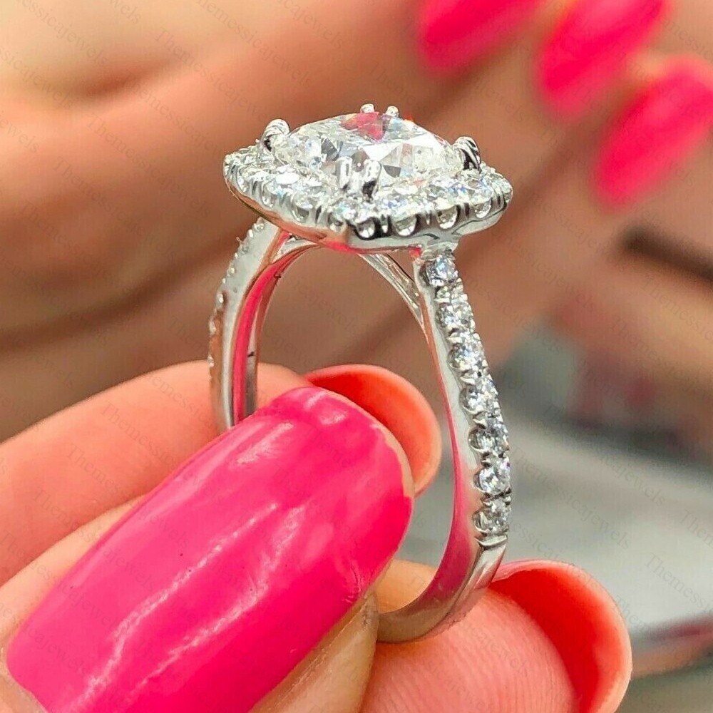 2.76 TCW Cushion Cut Moissanite Halo Engagement Ring In 14k White Gold Plated