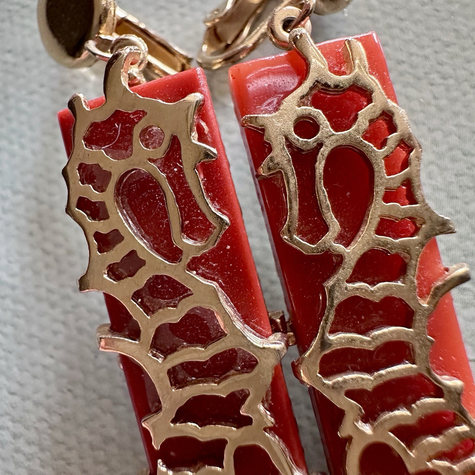 Rare Signed Boucher Seahorse Clip Earrings Red Glass Gold Tone Nautical VTG
