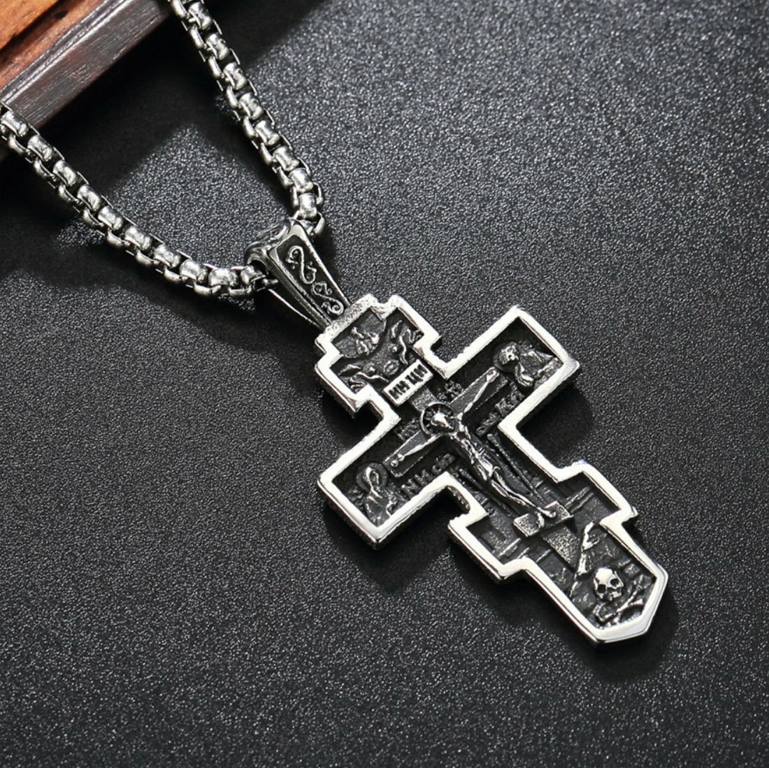 MENDEL Mens Russian Orthodox Crucifix Cross Pendant Necklace Stainless Steel Men