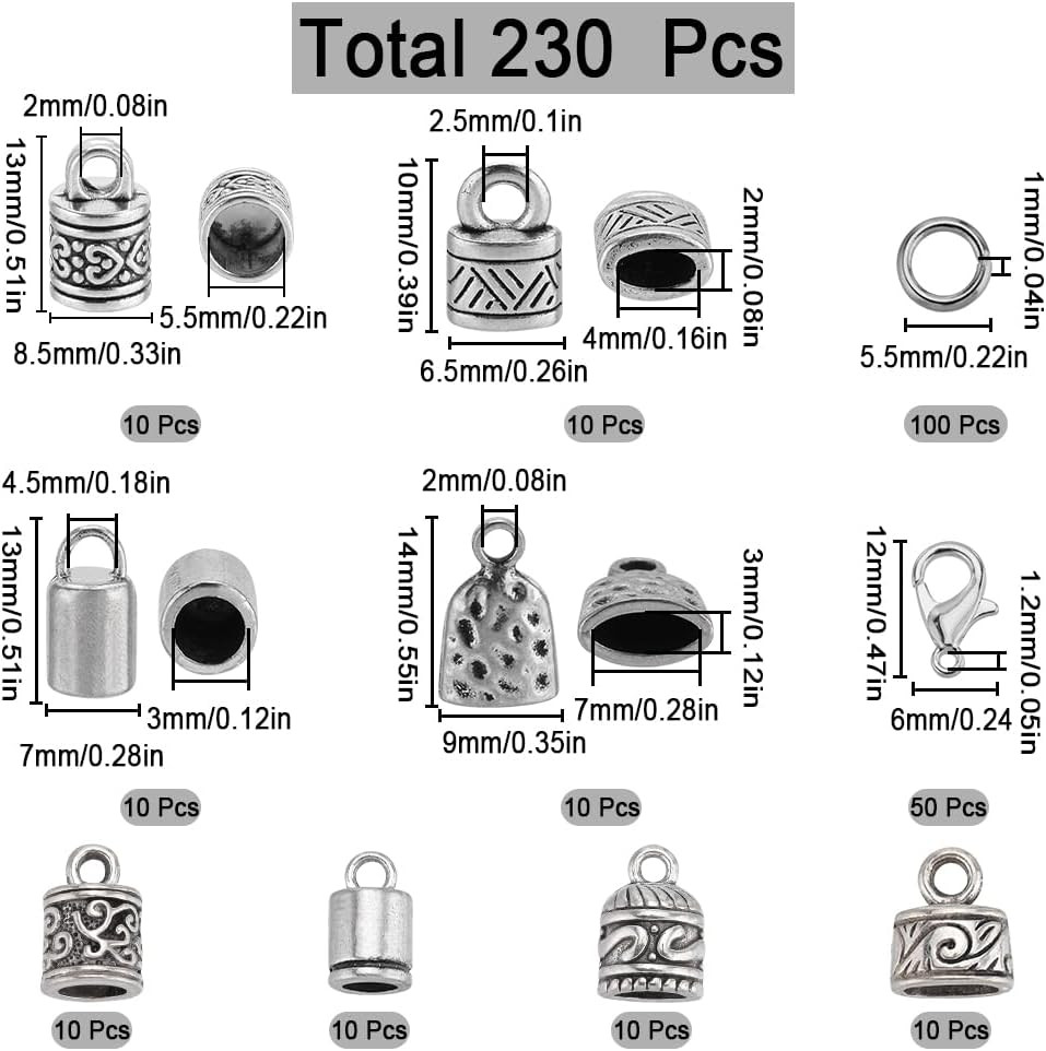 230Pcs Antique Silver Cord End Caps and Jewelry Making Supplies Kit