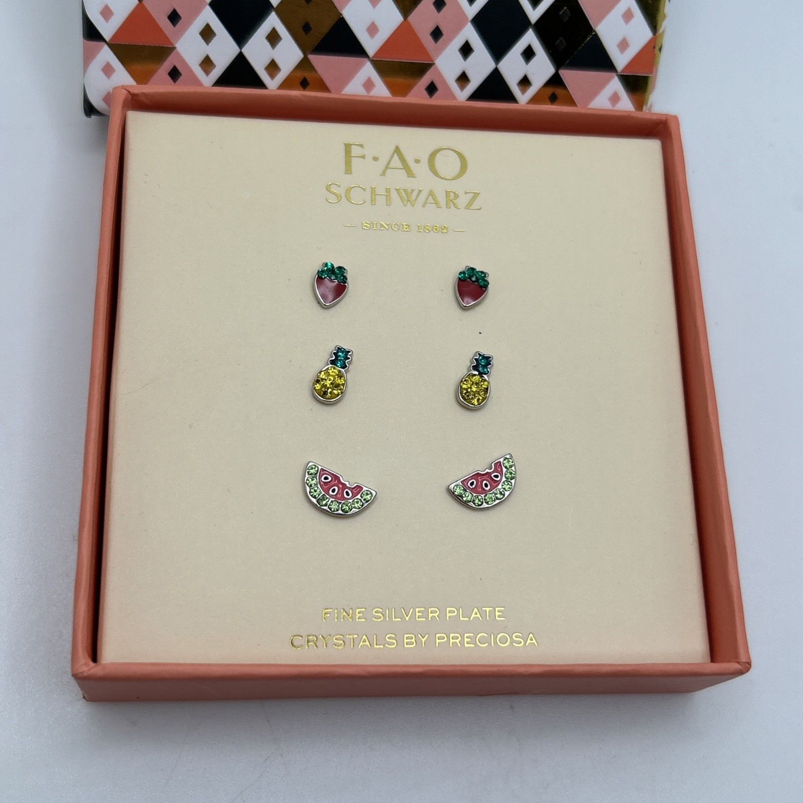 FAO Schwarz Fruit Stud Earrings Gift Set Jewelry Crystals Delicate Strawberry