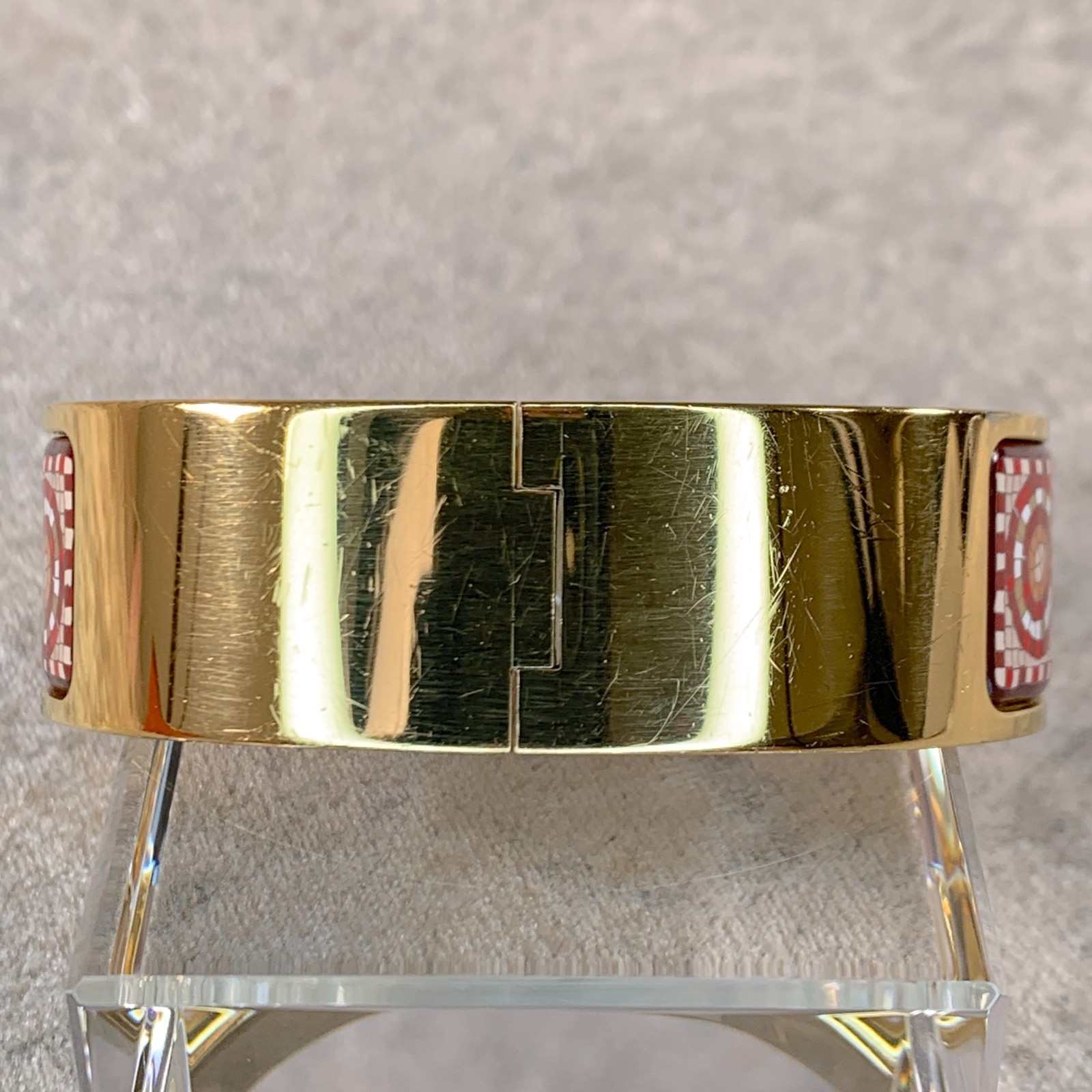 Vintage Hermes Clic Clac Bangle Bracelet Mosaique Red Enamel Gold Size GM w/Box