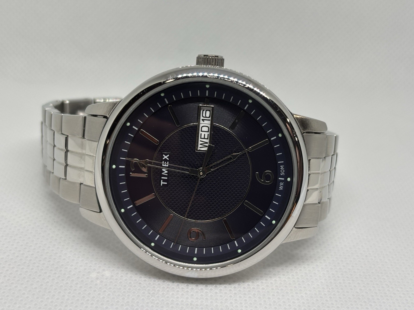 Timex Men’s Blue Dial Day Date Quartz Watch Stainless Steel WR50M Working
