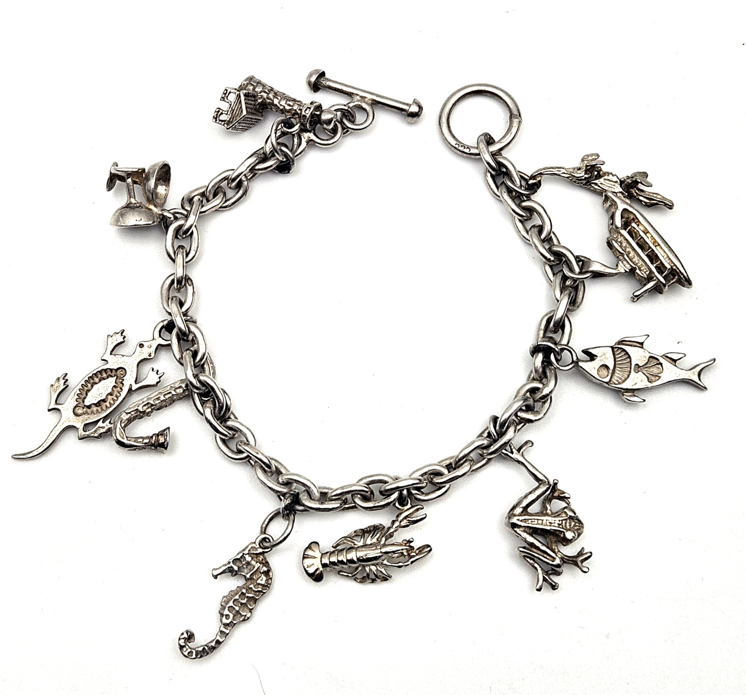 Vintage Sterling Silver 10 Charm Bracelet Nautical Animal Theme 35.4g