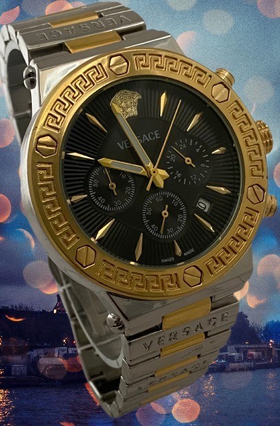 Beautiful Two-Gold Tone Versace Greca Chronograph/Date Refurbished Quartz Watch