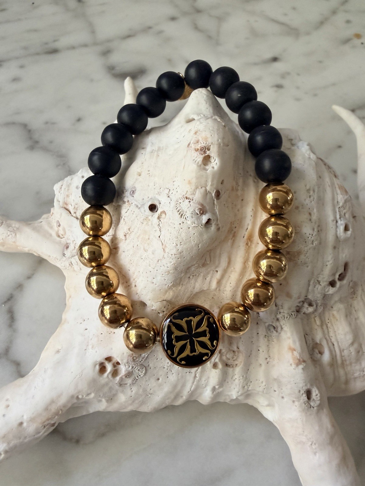 Rustic Cuff Ireland Gold Bead Bracelet Black Accents With Charm
