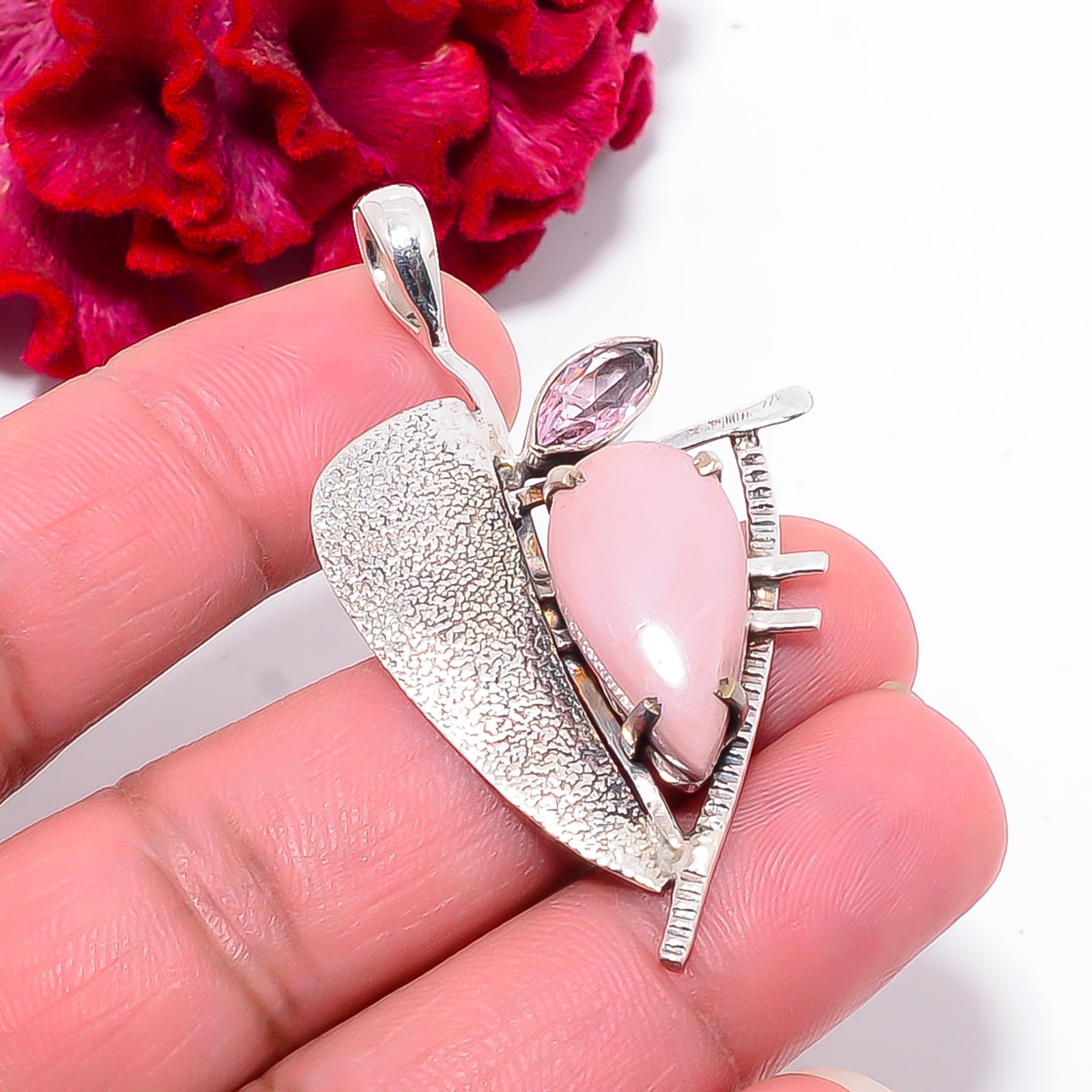 Pink Opal – Peru & Pink Kunzite Gemstone 925 Sterling Silver Pendant 2.03″ P2224
