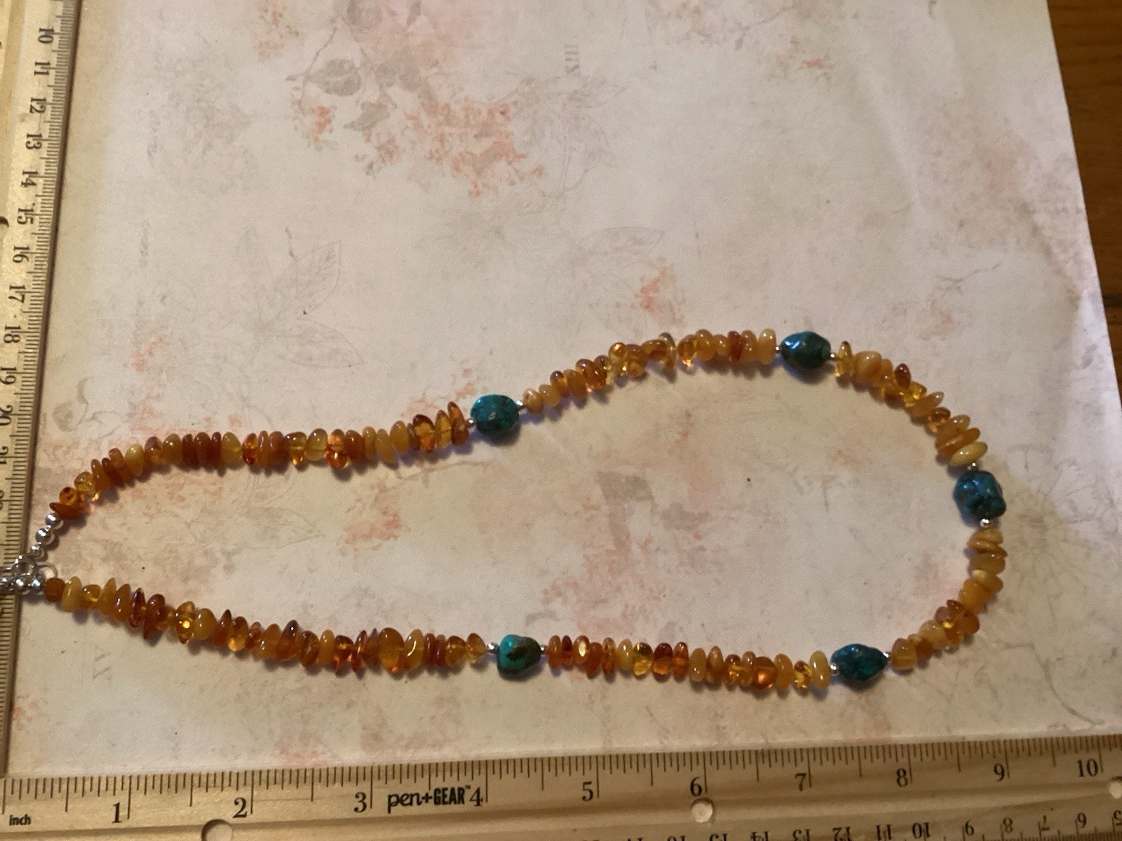 Sterling Silver Amber And Turquoise Pebble Chip Necklace 21.5-22”