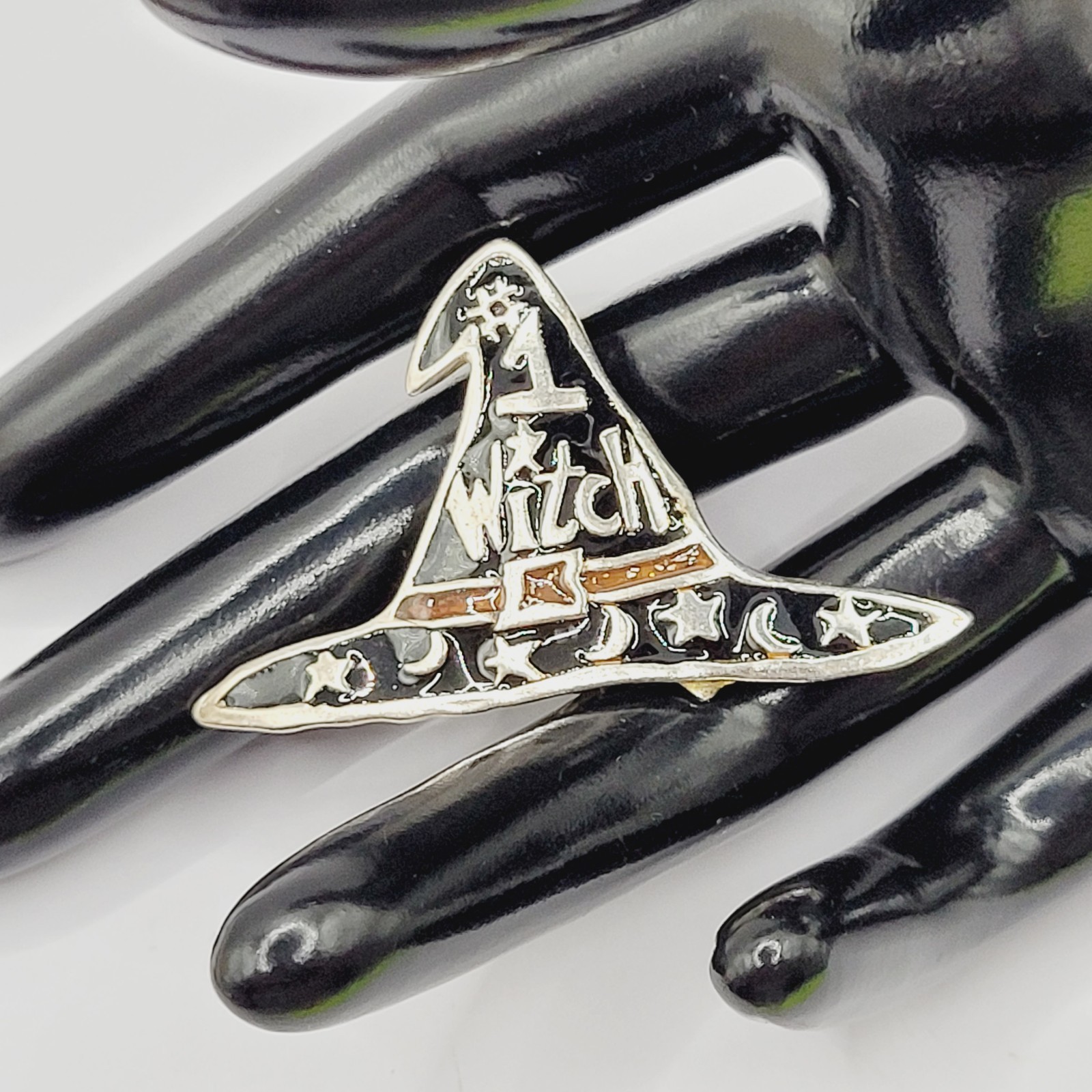 Number 1 Witch Black Witches Hat Metal and Enamel Halloween Vintage Brooch Pin