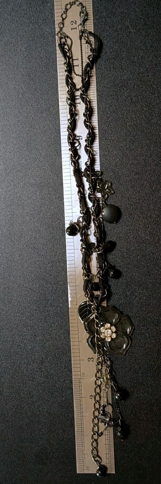 Multi Strand Flower Necklace Black Suede Rhinestone Choker Pendant, Whimsigoth