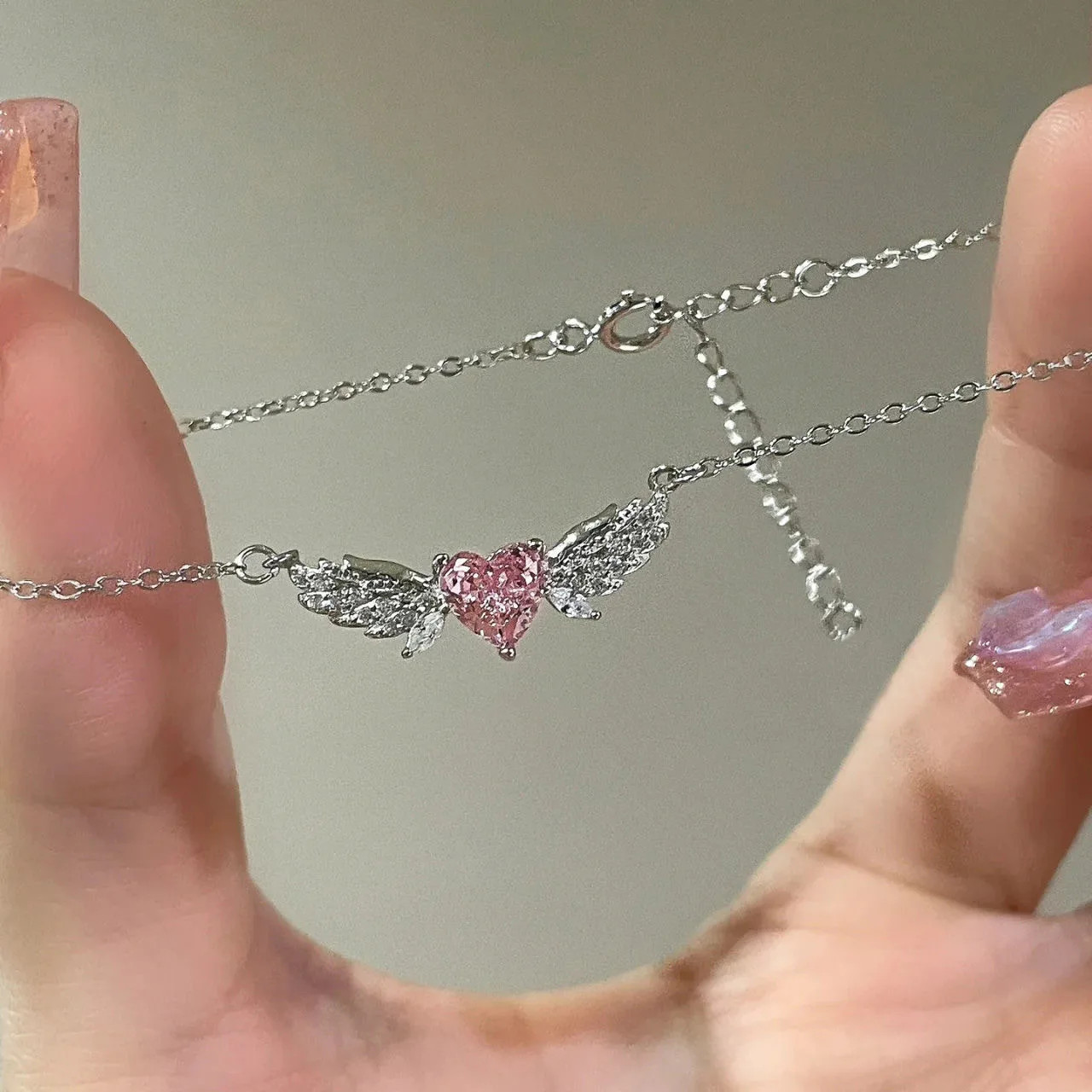 Crystal Angel Wings Pink Heart Pendant Necklace Women Clavicle Chain Choker