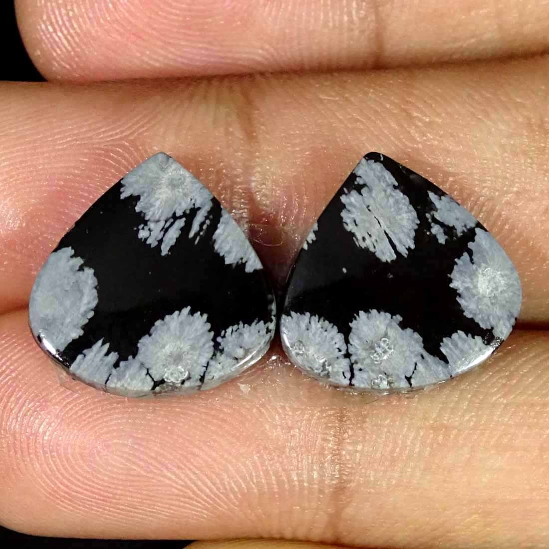 12.30Cts. Natural Snowflake Obsidian Earrings Pair Pear Cabochon Loose Gemstone