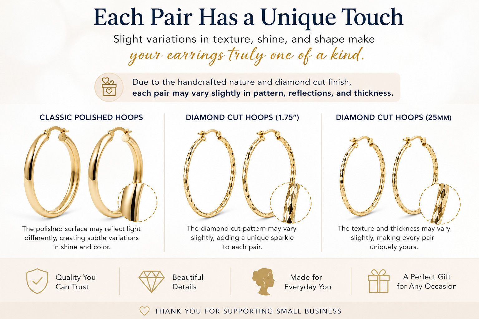 Gold Filled Hoop Earrings Set Diamond Cut Polished Lightweight for Women