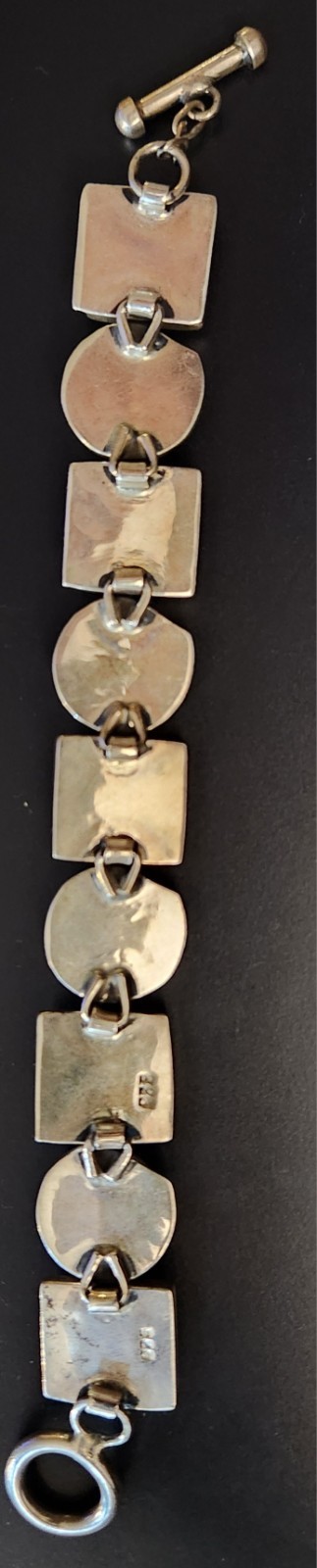 925 Sterling Silver Geometric Link Bracelet Toggle Closure Signed 7.5in
